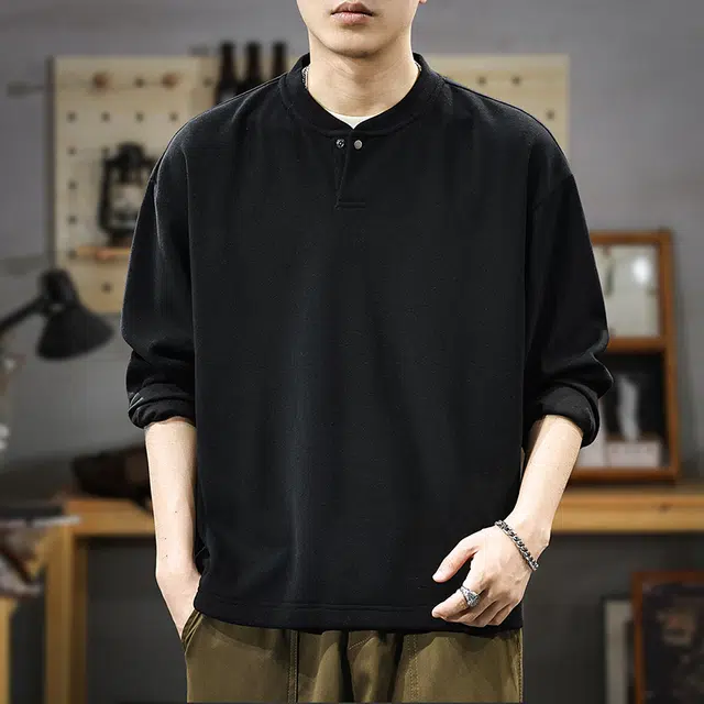 遨宇 秋季美式经典复古潮牌极简风轻奢高级感亨利领潮流男宽松套头休闲户外长袖通勤百搭外套卫衣 男款