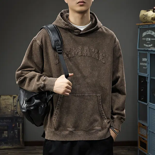 前进牛 美式经典复古潮流痞帅水洗贴布极简风连帽重磅宽松上衣户外休闲潮牌卫衣 男款