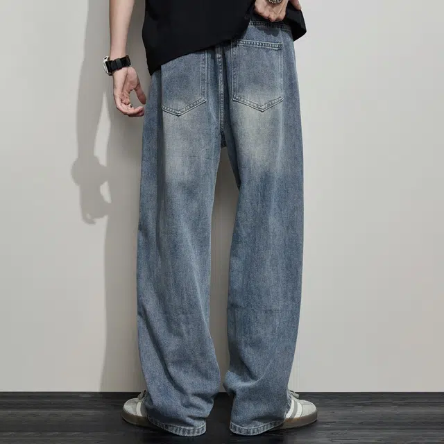 童先森 潮牌口袋设计感复古高街水洗痞帅直筒牛仔裤 男款