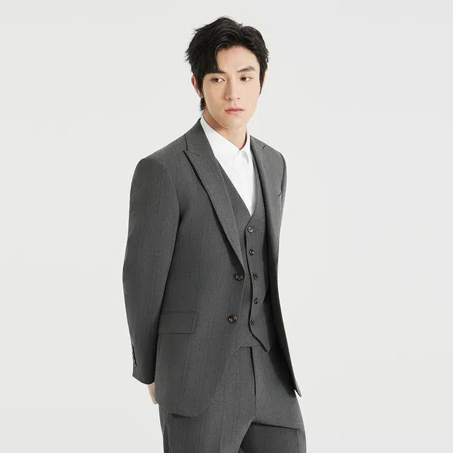 利郎 条纹戗驳领商务休闲质感百搭时尚都市三件套西装套装 男款