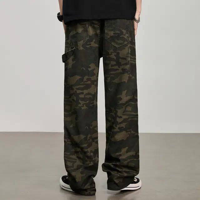 童先森 迷彩工装美式复古直筒阔腿潮牌宽松裤子牛仔裤 男款