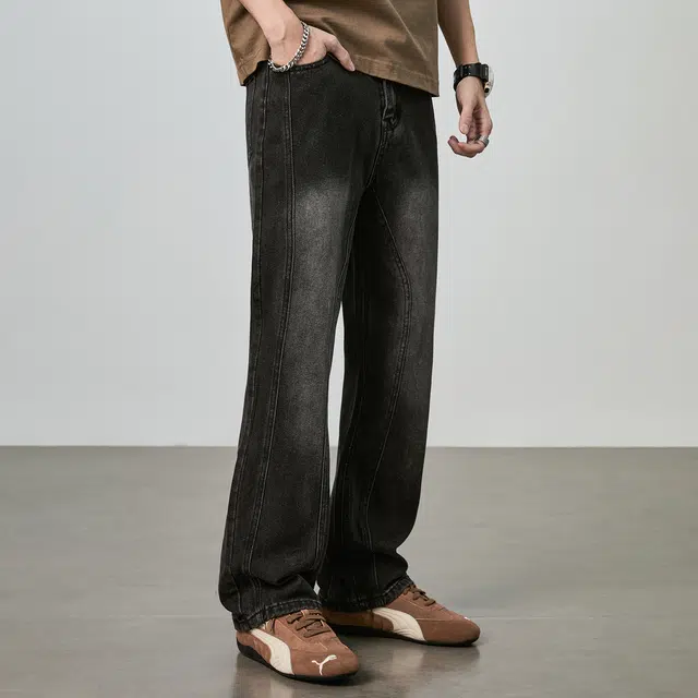 童先森 有型系列 潮牌复古拼接水洗痞帅宽松直筒牛仔裤 男款