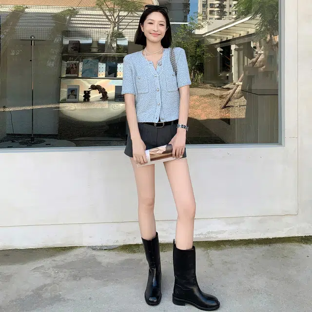 美洋 夏日麻结开衫 全棉小香花呢编织肌理短袖针织衫 女款 蓝色