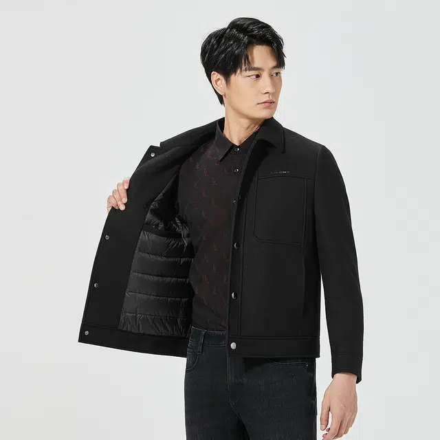 利郎 热燃科技保暖绵羊毛纯色翻领短款白鸭绒填充冬季大衣 男款
