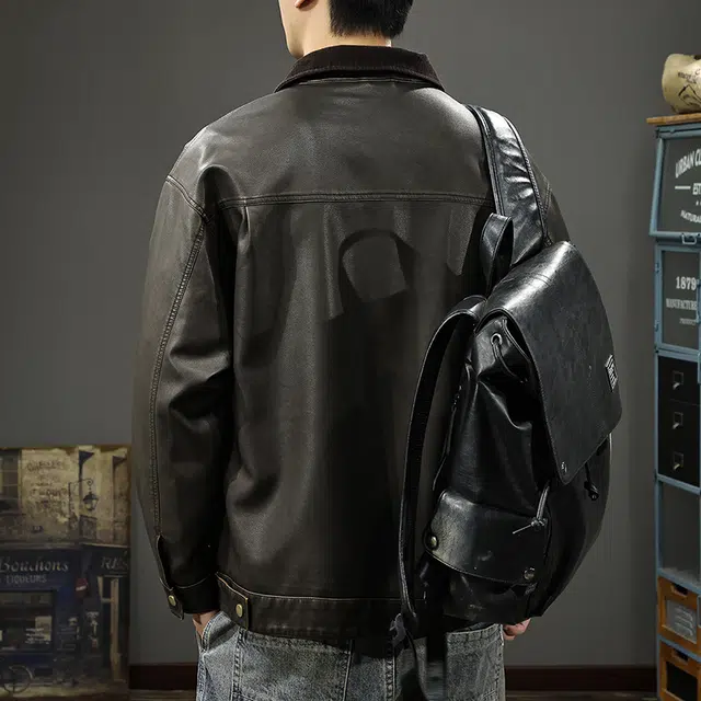 前进牛 潮牌高街痞帅翻领复古长袖皮衣 男款