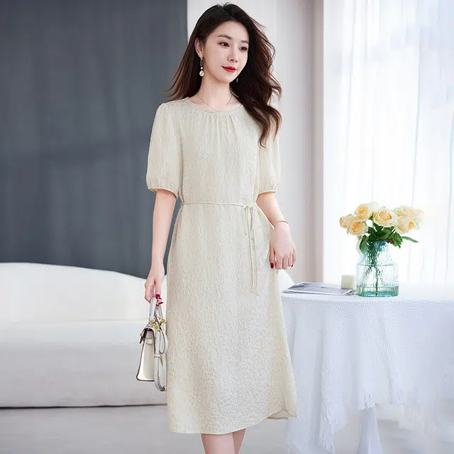 水墨佳人 植物花卉圆领中长短袖连衣裙 女款 米金色