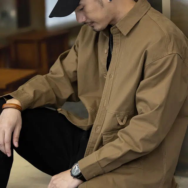 格蓝鹿 夏季 纯色纯棉休闲耐磨做旧痞帅机能工装经典美式复古日常上班通勤翻领长袖衬衫 宽松型 男女同款