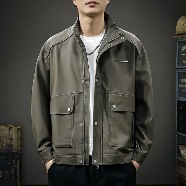 前进牛 阿美咔叽高级感复古潮牌宽松休闲皮衣 男款