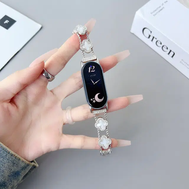 潮米勒 表带 小米红米适用 金属材质 镶钻四叶花白贝高级显白潮流表链女男通用