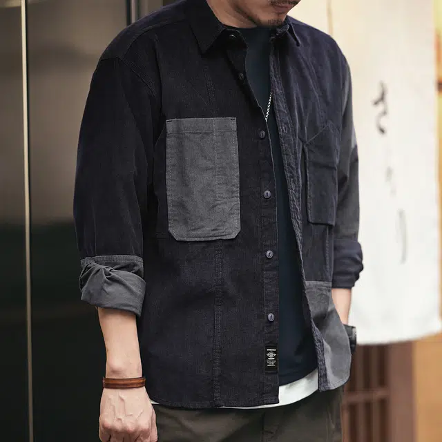 格蓝鹿 春季 潮牌宽松休闲拼色长袖灯芯绒工装美式日常通勤英伦风松弛感重磅长袖衬衫 男女同款
