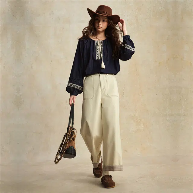 佐丹奴 卢正义明星同款明线拼接格纹半松紧腰梭织阔腿长裤休闲裤 女款