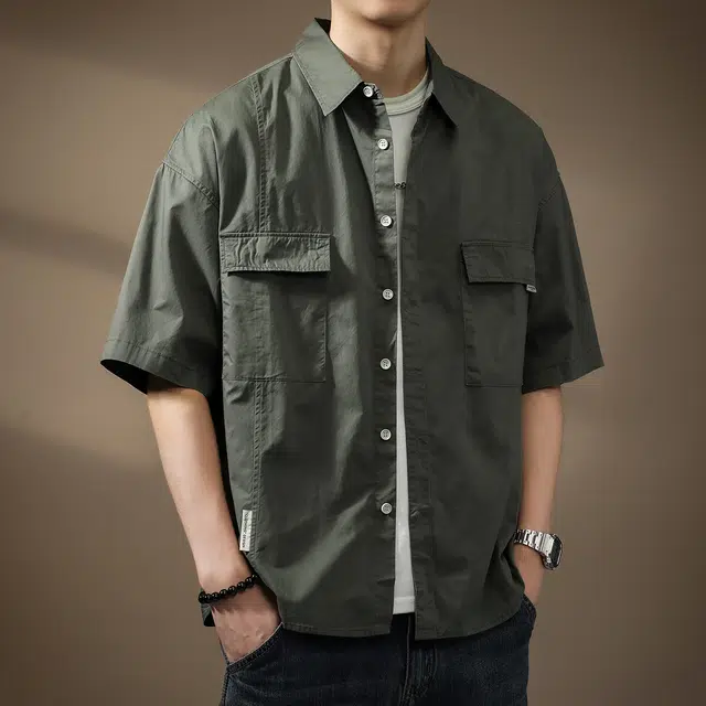 贵色 舒适慵懒薄款翻领百搭休闲衬衣美式时尚复古纯棉大码痞帅凉感冰丝工装短袖衬衫 男款