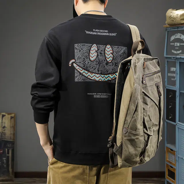 前进牛 美式复古潮牌笑脸圆领高街痞帅运动长袖休闲卫衣 男款