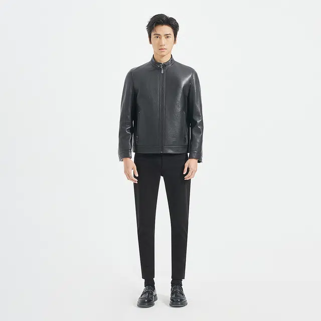 利郎 都市休闲纯色立领质感简约百搭秋季皮衣 男款