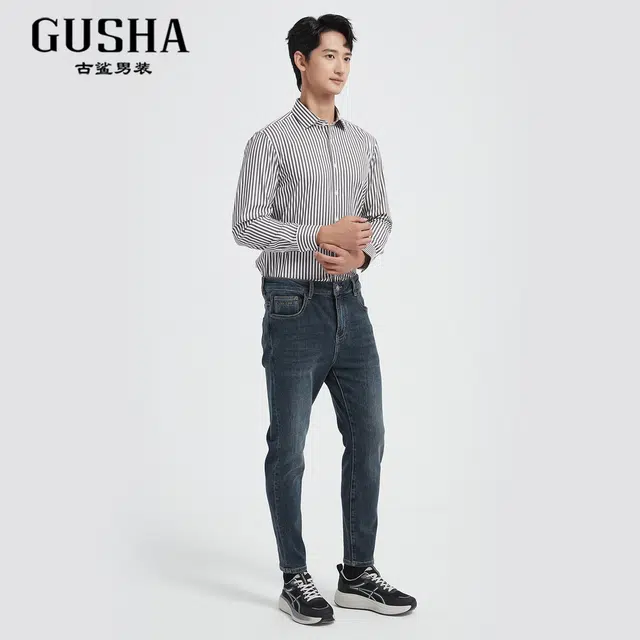 古鲨 竖条纹时尚高级商务通勤休闲修身长袖衬衫 男款