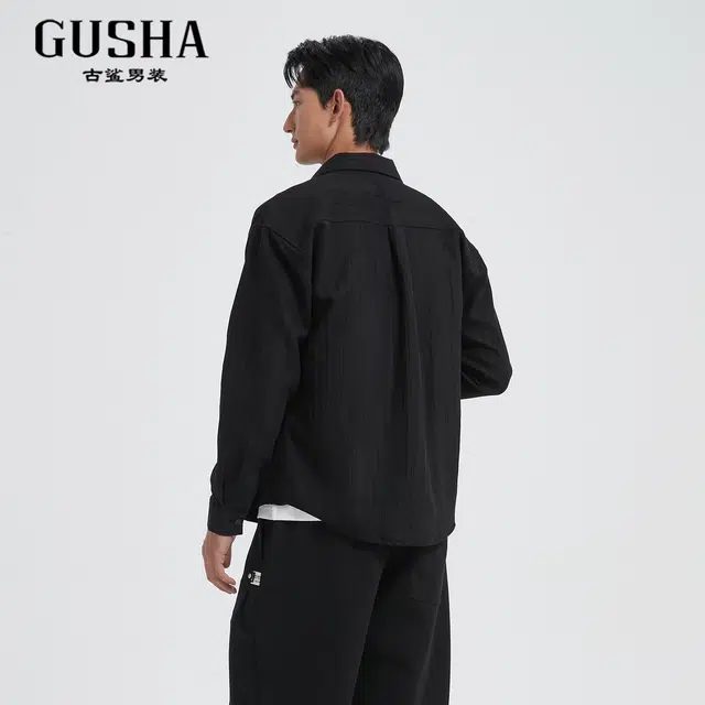古鲨 宽松时尚商务通勤尖领长袖衬衫 男款
