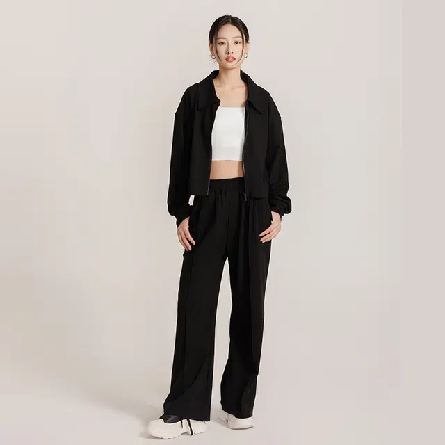美力城 短款韩系春秋款卫衣黑色上衣女士长袖通勤风小翻领开衫外套 女款