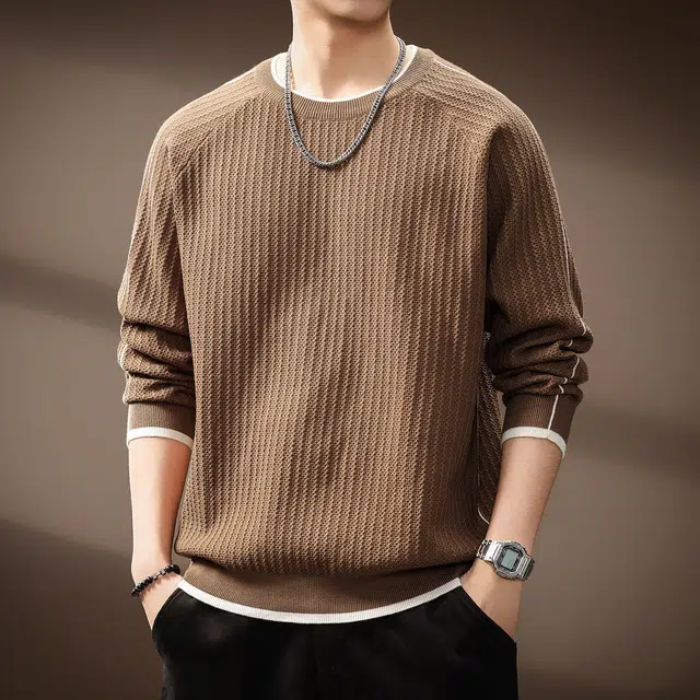 贵色 日系复古潮流简约慵懒风撞色边长袖舒适柔软立体裁剪设计高街百搭休闲落肩袖上衣针织衫 男女同款