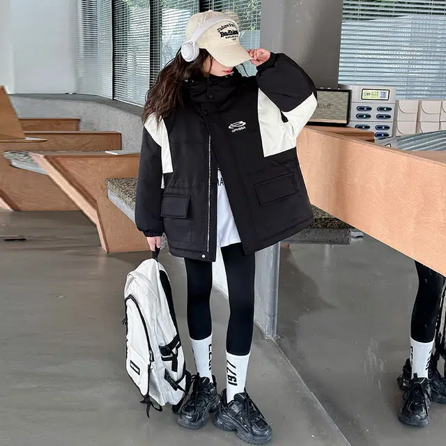 雅鹿棉衣 时尚潮流甜美气质保暖加绒加厚拼色宽松轻盈 黑色 青少年