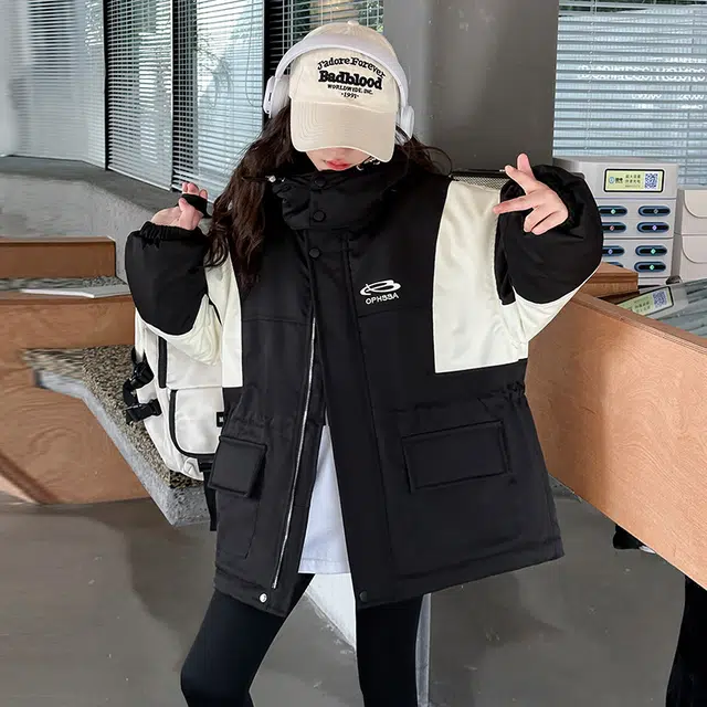 雅鹿棉衣 时尚潮流甜美气质保暖加绒加厚拼色宽松轻盈 黑色 青少年