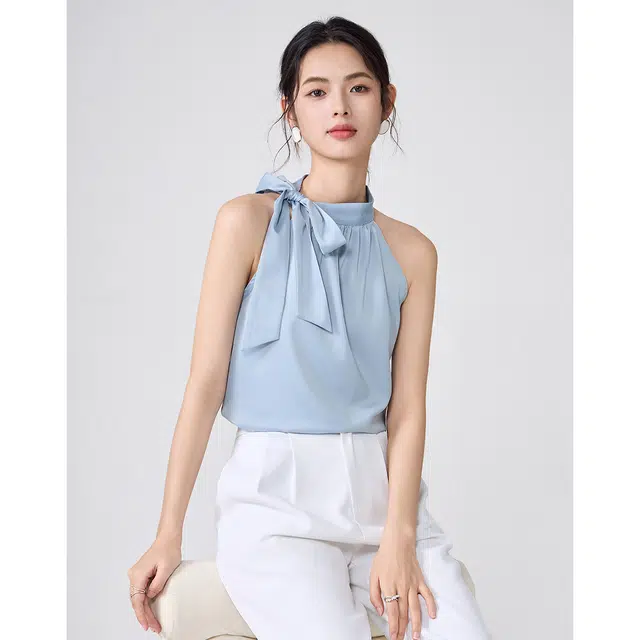 爱依莲 时尚小众蝴蝶结挖肩背心女气质显瘦花衬衣无袖衬衫 修身 女款 冰川蓝