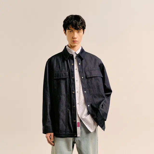 速写 宽松潮流休闲长袖衬衫 男 牛仔藏青