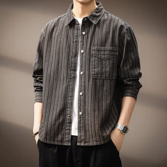 贵色 美式重磅复古时尚潮流条纹长袖工装风潮牌拼接口袋设计休闲百搭衬衫 男女同款