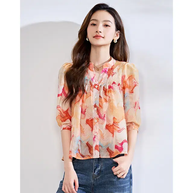 爱依莲 夏 大鱼海棠小衫版时尚雪纺扎染休闲减龄上衣短袖衬衫 宽松 女款 落日熔金