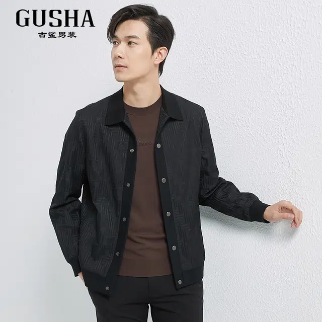 古鲨 时尚老花暗纹高端商务翻领秋季修身夹克外套 男款
