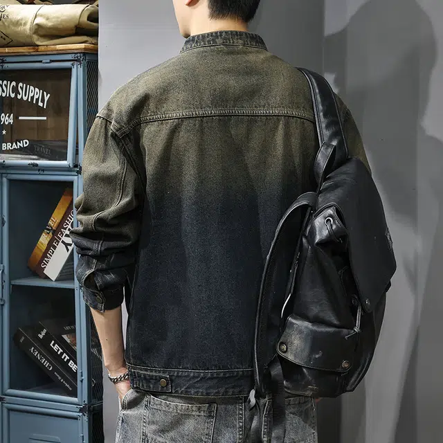 前进牛 秋季美式休闲经典复古潮牌高端渐变拽酷高街立领外穿衬衫男潮流硬汉风哈灵顿水洗痞帅宽松休闲夹克衬衣男牛仔外套 男款