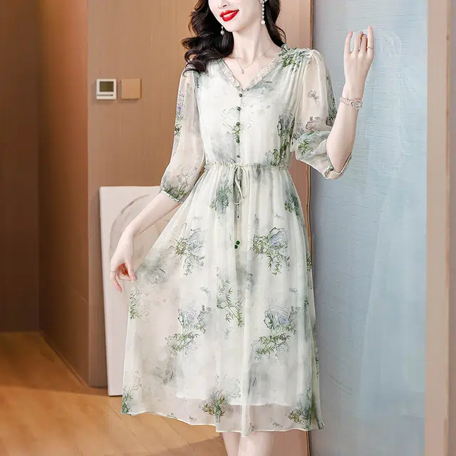 水中花 中年妈妈气质舒适简约优雅裙子短袖连衣裙 女款