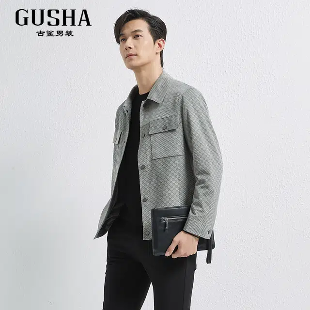 古鲨 格雷灰肌理格子商务时尚柔软翻领夹克外套 男款