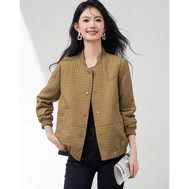 似水年华 韩版显瘦棒球服绒感外套 修身 女款 咖色