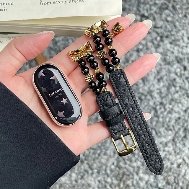 卫欣 表带 小米红米适用 串珠 皮质材质 小米黑色圆珠藏银表带男女通用