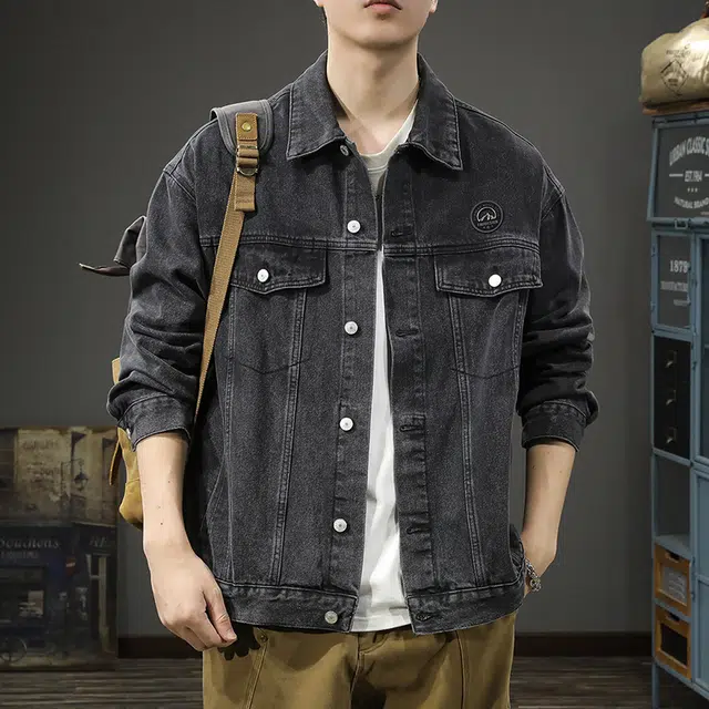 前进牛 秋季美式休闲复古潮牌工装风水洗宽松大码潮流机车痞帅军事风牛仔外套 男款