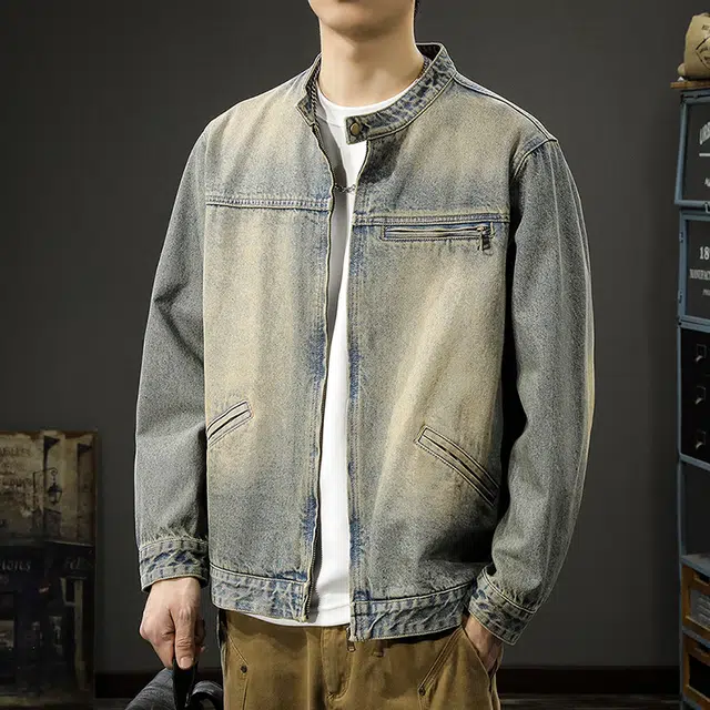 前进牛 秋季美式复古街头黄泥染重磅水洗短款夹克男机能风潮流嘻哈立领外穿秋冬休闲男牛仔外套 男款