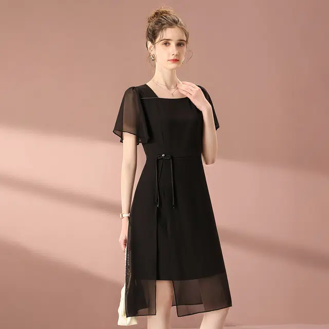 粉红玛琍 春,夏,秋 开叉短袖连衣裙 收腰 女款 黑色