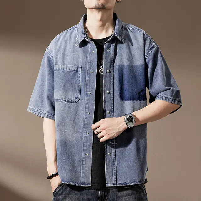 贵色 男士舒适翻领时尚百搭潮流日系潮牌衬衣男美式复古垂感渐变水洗工装牛仔短袖衬衫 男女同款