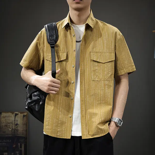 前进牛 夏季肌理感暗纹提花宽松速干户外休闲五分袖短袖衬衫 男女同款