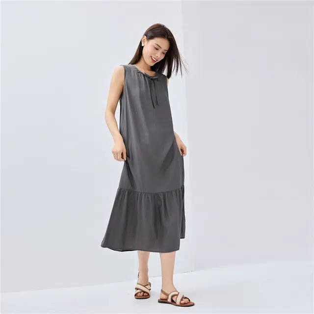 佐丹奴 度假风绑带圆领荷叶边无袖连衣裙 女款