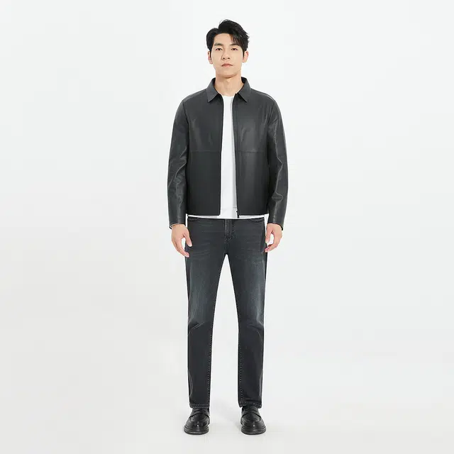 利郎 商务休闲纯色翻领质感简约短款修身秋季皮衣 男款