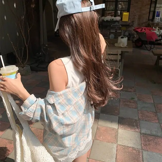 木清清 格子薄款蕾丝拼接宽松高级感通勤长袖衬衫 女款