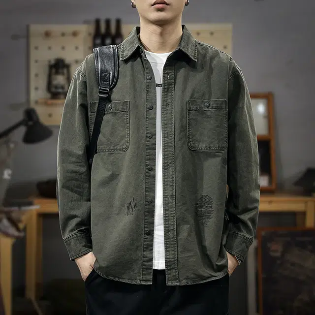 遨宇 高端简约休闲户外长袖男秋季重磅宽松工装极简衬衣外套潮衬衫 男女同款