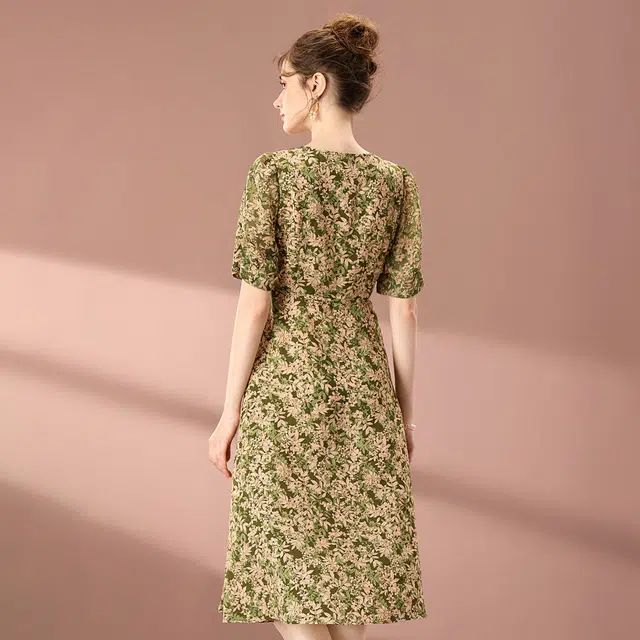 粉红玛琍 春,夏,秋 轻薄短袖连衣裙 收腰 女款 绿色