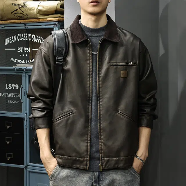 前进牛 潮牌高街痞帅翻领复古长袖皮衣 男款