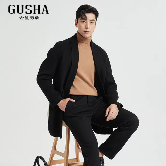 古鲨 无扣羊毛商务简约儒雅毛呢外套大衣 男款