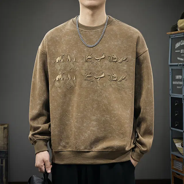 前进牛 美式经典复古潮牌运动风哥特字母刺绣宽松大码圆领休闲户外百搭潮流长袖上衣卫衣 男款