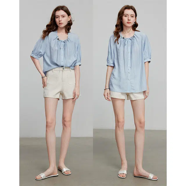 初语 纯色简约圆领通勤五分袖衬衫 女款