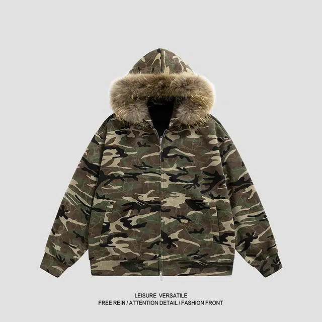 马员外 迷彩情侣款毛领连帽百搭时尚简约宽松卫衣 男女同款