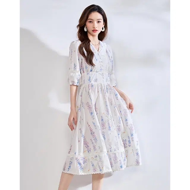 爱依莲 时尚优雅小众飘逸雪纺裙慵懒感通勤桔梗裙清爽透气短袖连衣裙 女款 图片色
